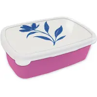 MuchoWow Broodtrommel Roze - Lunchbox Bloem - Blaadjes - Minimalistisch - Blauw - Brooddoos 18x12x6 cm - Brood lunch box - Broodtrommels voor kinderen en volwassenen