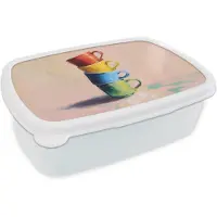 MuchoWow Broodtrommel Wit - Lunchbox Mokken - Gestapeld - Keramiek - Kleurrijk - Brooddoos 18x12x6 cm - Brood lunch box - Broodtrommels voor kinderen en volwassenen
