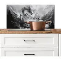 KitchenYeah Spatscherm keuken 90x45 cm - Kookplaat achterwand Krijger - Draak - Grijs - Muurbeschermer - Spatwand fornuis - Hoogwaardig aluminium