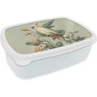 MuchoWow Broodtrommel Wit - Lunchbox Gele kuifkaketoe - paradijsvogelbloemen - Groen - Brooddoos 18x12x6 cm - Brood lunch box - Broodtrommels voor kinderen en volwassenen