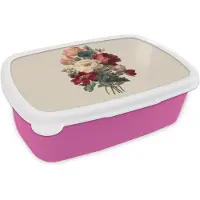 MuchoWow Broodtrommel Roze - Lunchbox Boeket - Warme tinten - Elegant - Brooddoos 18x12x6 cm - Brood lunch box - Broodtrommels voor kinderen en volwassenen
