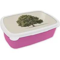 MuchoWow Broodtrommel Roze - Lunchbox Eikenboom - Groen - Lichte achtergrond - Brooddoos 18x12x6 cm - Brood lunch box - Broodtrommels voor kinderen en volwassenen