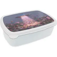 MuchoWow Broodtrommel Wit - Lunchbox Ufo - Rozen - Pastelkleuren - Brooddoos 18x12x6 cm - Brood lunch box - Broodtrommels voor kinderen en volwassenen