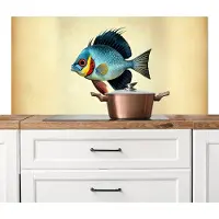 KitchenYeah Spatscherm keuken 120x60 cm - Kookplaat achterwand Blauw - Kieuwen - Vis - Illustratie - Muurbeschermer - Spatwand fornuis - Hoogwaardig aluminium