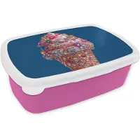 MuchoWow Broodtrommel Roze - Lunchbox Ijsje - Hoorntje - Steentjes - Blauw - Brooddoos 18x12x6 cm - Brood lunch box - Broodtrommels voor kinderen en volwassenen