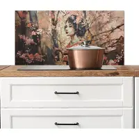 KitchenYeah Spatscherm keuken 80x40 cm - Kookplaat achterwand Kimono - Vrouw - kersenbomen - Muurbeschermer - Spatwand fornuis - Hoogwaardig aluminium