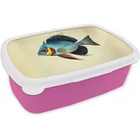 MuchoWow Broodtrommel Roze - Lunchbox Blauw - Kieuwen - Vis - Illustratie - Brooddoos 18x12x6 cm - Brood lunch box - Broodtrommels voor kinderen en volwassenen