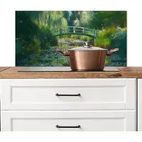 KitchenYeah Spatscherm keuken 90x45 cm - Kookplaat achterwand Brug - Hout - Vijver - Waterlelies - Muurbeschermer - Spatwand fornuis - Hoogwaardig aluminium