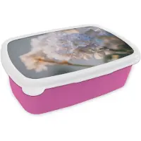 MuchoWow Broodtrommel Roze - Lunchbox Bloemen - Lichtblauw - Wazig - Trosje - Brooddoos 18x12x6 cm - Brood lunch box - Broodtrommels voor kinderen en volwassenen