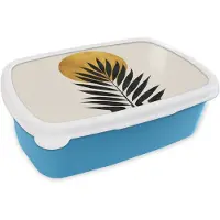 MuchoWow Broodtrommel Blauw - Lunchbox Zwart palmblad - Gouden cirkel - Beige achtergrond - Brooddoos 18x12x6 cm - Brood lunch box - Broodtrommels voor kinderen en volwassenen