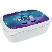MuchoWow Broodtrommel Wit - Lunchbox Eenhoorn - Sterrenhemel - Ster - Blauw - Brooddoos 18x12x6 cm - Brood lunch box - Broodtrommels voor kinderen en volwassenen
