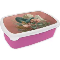 MuchoWow Broodtrommel Roze - Lunchbox Tropische bladeren - Bloemen - Roze - groen - Brooddoos 18x12x6 cm - Brood lunch box - Broodtrommels voor kinderen en volwassenen