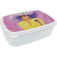 MuchoWow Broodtrommel Wit - Lunchbox Zonnebril - Vrouw - Jas - Veren - Brooddoos 18x12x6 cm - Brood lunch box - Broodtrommels voor kinderen en volwassenen
