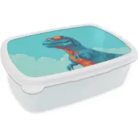 MuchoWow Broodtrommel Wit - Lunchbox T-Rex - Blauw - Wolken - Zonnebril - Brooddoos 18x12x6 cm - Brood lunch box - Broodtrommels voor kinderen en volwassenen