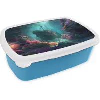 MuchoWow Broodtrommel Blauw - Lunchbox Schip - Hout - Koraalriffen - Zonlicht - Brooddoos 18x12x6 cm - Brood lunch box - Broodtrommels voor kinderen en volwassenen