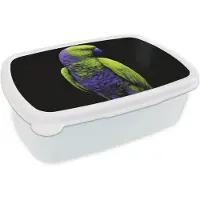 MuchoWow Broodtrommel Wit - Lunchbox Papegaai - Veren - Opvallend - Groen - Brooddoos 18x12x6 cm - Brood lunch box - Broodtrommels voor kinderen en volwassenen