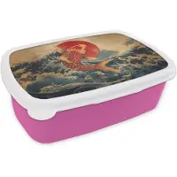 MuchoWow Broodtrommel Roze - Lunchbox Koi - Zee - Golven - Zon - Brooddoos 18x12x6 cm - Brood lunch box - Broodtrommels voor kinderen en volwassenen