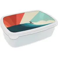 MuchoWow Broodtrommel Wit - Lunchbox Surfer - Abstract - Golven - Zonnestralen - Brooddoos 18x12x6 cm - Brood lunch box - Broodtrommels voor kinderen en volwassenen