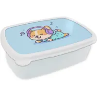MuchoWow Broodtrommel Wit - Lunchbox Corgi - Koptelefoon - Blauw - Muzieknoten - Brooddoos 18x12x6 cm - Brood lunch box - Broodtrommels voor kinderen en volwassenen