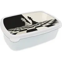 MuchoWow Broodtrommel Wit - Lunchbox Schaakstukken - Koning - Geblokt - Zwart - Brooddoos 18x12x6 cm - Brood lunch box - Broodtrommels voor kinderen en volwassenen