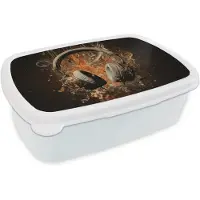 MuchoWow Broodtrommel Wit - Lunchbox Koptelefoon - Bruin - Dynamische penseelstreken - Brooddoos 18x12x6 cm - Brood lunch box - Broodtrommels voor kinderen en volwassenen