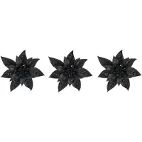 COSY&TRENDY Cosy & Trendy Decoratie bloem - 8x stuks - kerstster - op clip - zwart - glitter -15 cm - kunststof - kerstversiering