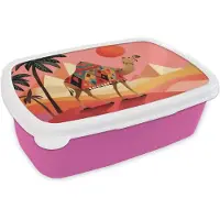 MuchoWow Broodtrommel Roze - Lunchbox Kameel - Pyramides - Rode zon - Brooddoos 18x12x6 cm - Brood lunch box - Broodtrommels voor kinderen en volwassenen