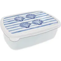 MuchoWow Broodtrommel Wit - Lunchbox Vier schelpen - Blauw - Wit - Strepen - Brooddoos 18x12x6 cm - Brood lunch box - Broodtrommels voor kinderen en volwassenen