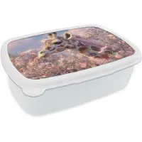 MuchoWow Broodtrommel Wit - Lunchbox Giraffe - Bloemen - Roze - Brooddoos 18x12x6 cm - Brood lunch box - Broodtrommels voor kinderen en volwassenen