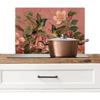 KitchenYeah Spatscherm keuken 60x40 cm - Kookplaat achterwand Kolibries - Bloemen - Groen - Roze - Muurbeschermer - Spatwand fornuis - Hoogwaardig aluminium