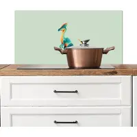 KitchenYeah Spatscherm keuken 90x45 cm - Kookplaat achterwand Staart - Dino - Minimalistisch - Blauw - Muurbeschermer - Spatwand fornuis - Hoogwaardig aluminium