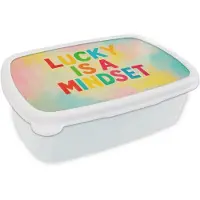MuchoWow Broodtrommel Wit - Lunchbox Quote - Lucky - Regenboogkleuren - Brooddoos 18x12x6 cm - Brood lunch box - Broodtrommels voor kinderen en volwassenen