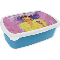 MuchoWow Broodtrommel Blauw - Lunchbox Zonnebril - Vrouw - Jas - Veren - Brooddoos 18x12x6 cm - Brood lunch box - Broodtrommels voor kinderen en volwassenen