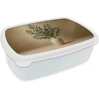 MuchoWow Broodtrommel Wit - Lunchbox Vaas - Olijftakken - Bladeren - Beige - Brooddoos 18x12x6 cm - Brood lunch box - Broodtrommels voor kinderen en volwassenen