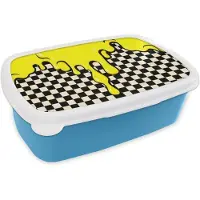 MuchoWow Broodtrommel Blauw - Lunchbox Geblokt - Grafisch - Vloeistof - Geel - Brooddoos 18x12x6 cm - Brood lunch box - Broodtrommels voor kinderen en volwassenen