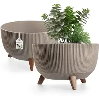 Kadax Bloempot, van kunststof, met drie insteeksteunen, rond, bloemenschaal, plantenbak, bloembak, voor balkon, woonkamer, 40 cm diameter, taupe
