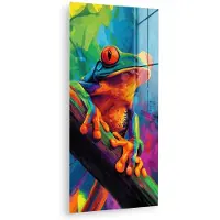 MuchoWow Glasschilderij 60x120 cm - Schilderij acrylglas - Kikker - Felgekleurd - Tak - Regenboog - Foto op glas - Muurdecoratie woonkamer - Wanddecoratie slaapkamer - Schilderijen