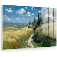 MuchoWow Glasschilderij 150x100 cm - Schilderij acrylglas - Zandpad - Huis - Bomen - Grasveld - Foto op glas - Muurdecoratie woonkamer - Wanddecoratie slaapkamer - Schilderijen