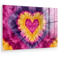 MuchoWow Glasschilderij 120x80 cm - Schilderij acrylglas - Tie dye - Hartvorm - Vlammen - Oranje - Foto op glas - Muurdecoratie woonkamer - Wanddecoratie slaapkamer - Schilderijen