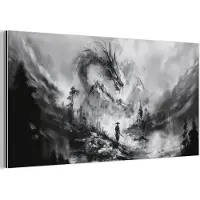 MuchoWow Aluminium schilderij 80x40 cm - Wanddecoratie metaal - Krijger - Draak - Grijs - Metalen muurdecoratie woonkamer - Decoratie industrieel - Foto op dibond - Industriële accessoires slaapkamer