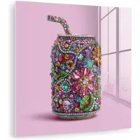 MuchoWow Glasschilderij 20x20 cm - Schilderij acrylglas - Frisdrankblikje - Bloemenpatroon - Edelstenen - Kleurrijk - Foto op glas - Muurdecoratie woonkamer - Wanddecoratie slaapkamer - Schilderijen