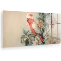 MuchoWow Glasschilderij 160x80 cm - Schilderij acrylglas - Roze kuifkaketoe - Tak met vruchten - Bladeren - Foto op glas - Muurdecoratie woonkamer - Wanddecoratie slaapkamer - Schilderijen