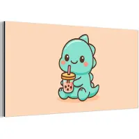 MuchoWow Aluminium schilderij 80x40 cm - Wanddecoratie metaal - Dino - Boba - kawaii - Oranje - Metalen muurdecoratie woonkamer - Decoratie industrieel - Foto op dibond - Industriële accessoires slaapkamer
