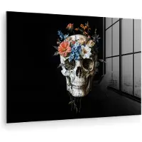 MuchoWow Glasschilderij 30x20 cm - Schilderij acrylglas - Bloemen - Schedel - Kleurrijk - Foto op glas - Muurdecoratie woonkamer - Wanddecoratie slaapkamer - Schilderijen