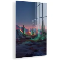 MuchoWow Glasschilderij 40x60 cm - Schilderij acrylglas - Cactus - Lichtzuilen - Zonsondergang - Foto op glas - Muurdecoratie woonkamer - Wanddecoratie slaapkamer - Schilderijen