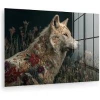 MuchoWow Glasschilderij 90x60 cm - Schilderij acrylglas - Wolf - Bloemen - Natuur - Foto op glas - Muurdecoratie woonkamer - Wanddecoratie slaapkamer - Schilderijen