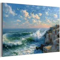 MuchoWow Aluminium schilderij 60x40 cm - Wanddecoratie metaal - Zee - Golven - Rotsen - Meeuwen - Metalen muurdecoratie woonkamer - Decoratie industrieel - Foto op dibond - Industriële accessoires slaapkamer