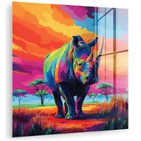 MuchoWow Glasschilderij 20x20 cm - Schilderij acrylglas - Neushoorn - Zonsondergang - Savanna - Kleurrijk - Foto op glas - Muurdecoratie woonkamer - Wanddecoratie slaapkamer - Schilderijen