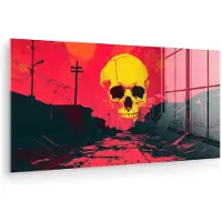 MuchoWow Glasschilderij 160x80 cm - Schilderij acrylglas - Straat - Verlaten - Schedel - Geel - Foto op glas - Muurdecoratie woonkamer - Wanddecoratie slaapkamer - Schilderijen