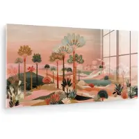 MuchoWow Glasschilderij 120x60 cm - Schilderij acrylglas - Roze landschap - Palmen - Water - Foto op glas - Muurdecoratie woonkamer - Wanddecoratie slaapkamer - Schilderijen